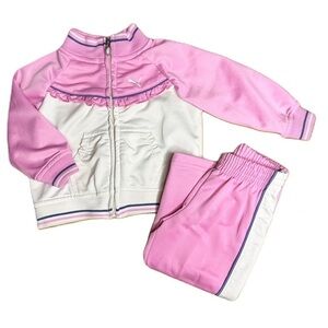 Puma Girls Two Piece Track Sweat Suit Zip Up & Pants White Pink Baby Size 12 M